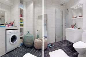 Интерьер маленькой ванной комнаты со стиральной машиной
