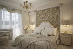 Золотистые шторы в интерьере спальни
