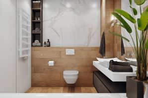 Дизайн ванной мрамор и дерево