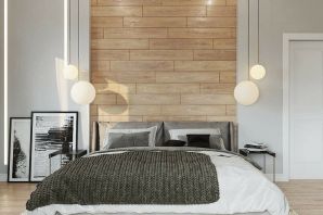 Стена из дерева в интерьере спальни