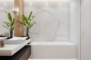 Ванная комната белый мрамор и дерево