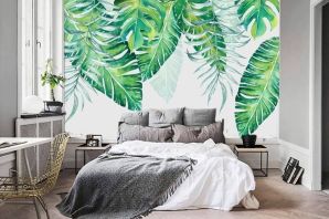 Дизайн спальни с обоями листьями