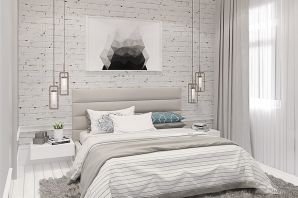 Спальня с белым кирпичом на стене