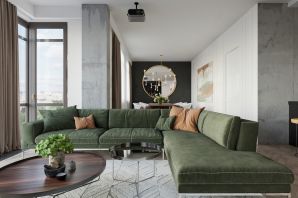 Зеленый диван в интерьере лофт