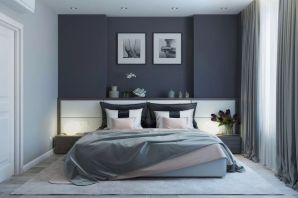 Серый пол в интерьере спальни