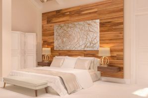 Дизайн с деревянной стеной спальни