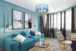 Дизайн гостиной с синими шторами