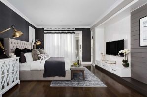 Серый ламинат в интерьере спальни