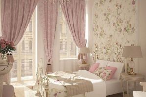 Розовые шторы в интерьере спальни