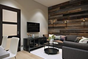 Дизайн гостиной с деревянными панелями