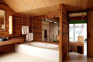 Дизайн ванной в доме из бруса