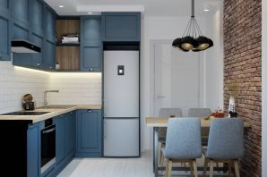 Синяя кухня в интерьере лофт