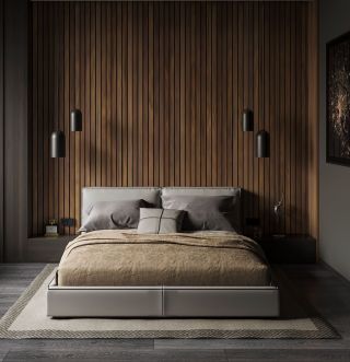 Дизайн спальни с рейками на стене