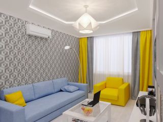 Дизайн зала с желтым диваном