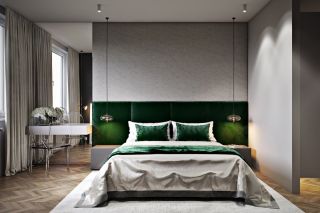 Дизайн спальни с зеленой кроватью