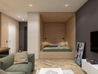 Интерьер однокомнатной квартиры с кроватью и диваном