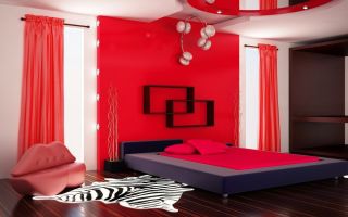 Красные шторы в интерьере спальни