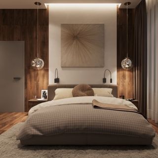 Современный дизайн спальни в бежевых тонах