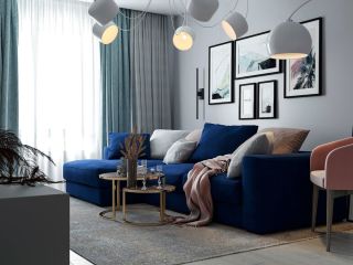 Серая комната с синим диваном