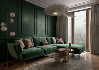 Темно зеленый диван в интерьере