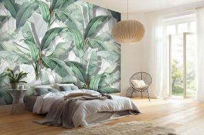 Листья пальмы обои в интерьере спальни