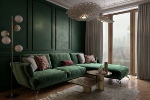 Темно зеленый диван в интерьере