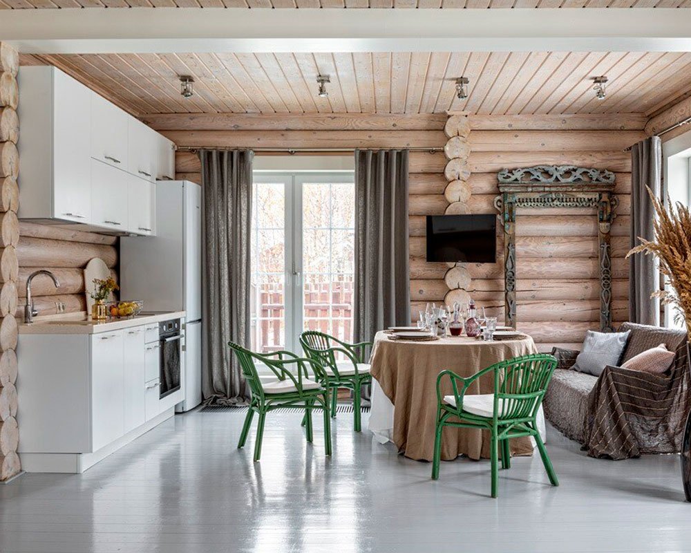 Дизайн кухни в деревянном доме с печкой