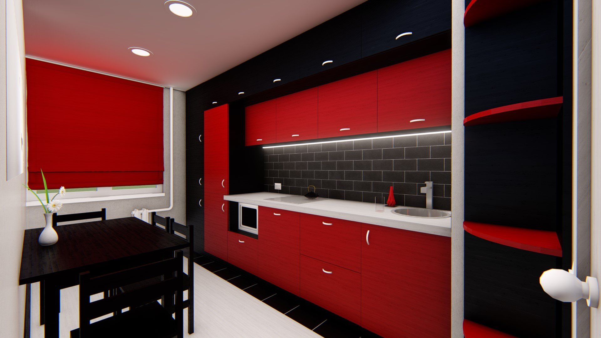 кухня с красными фасадами и черной столешницей