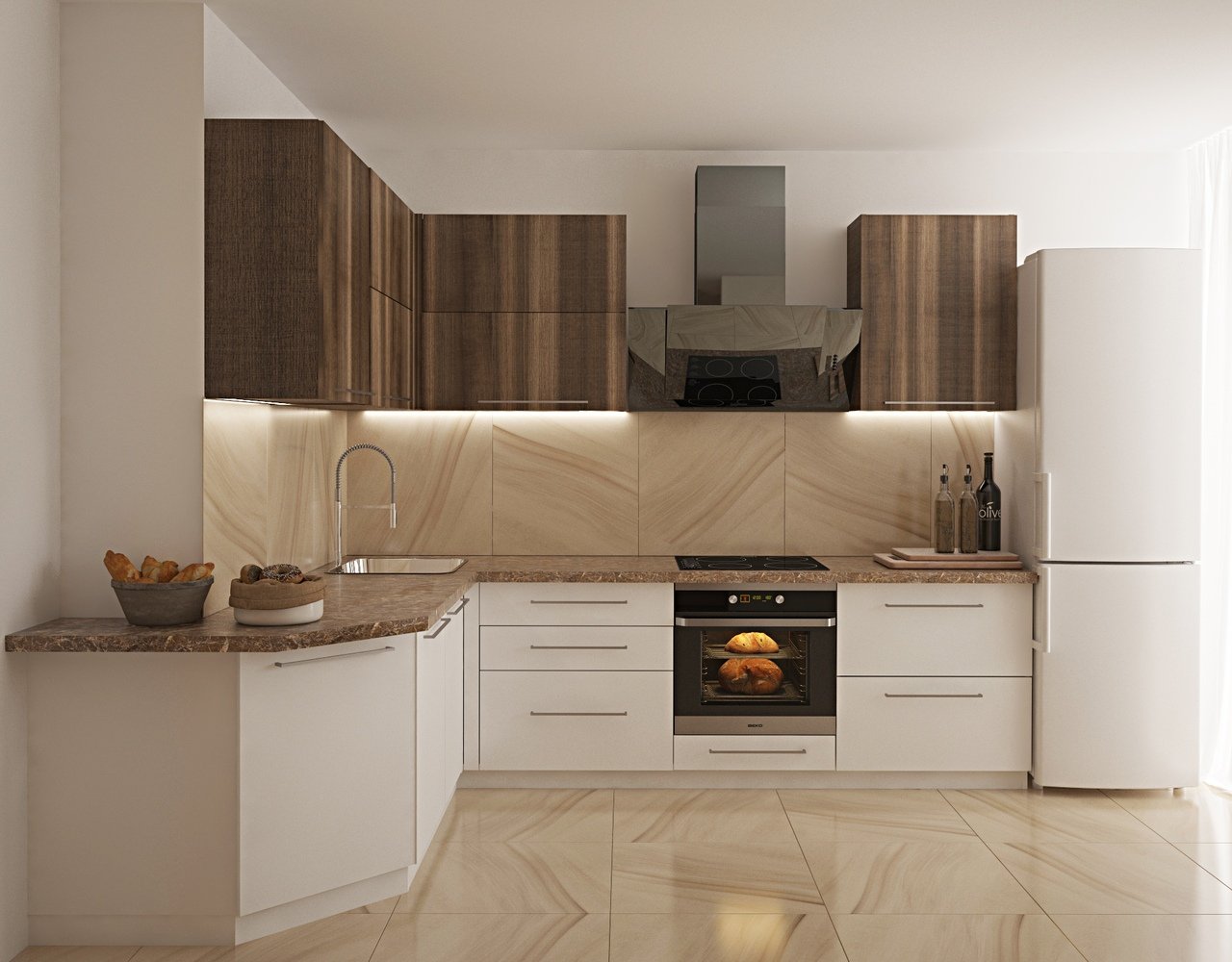 Дизайн кухни 10 кв. м усложняется вентиляционный коробом.