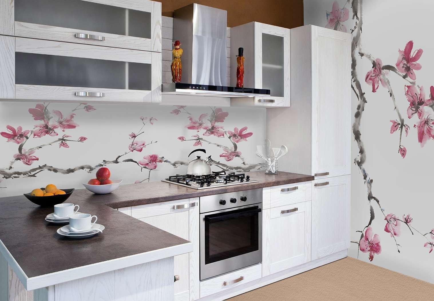 Обои кухонный фартук. Кухня в японском стиле. Красивые фотообои на кухню. Кухня в стиле Сакура. Цветы на кухне.