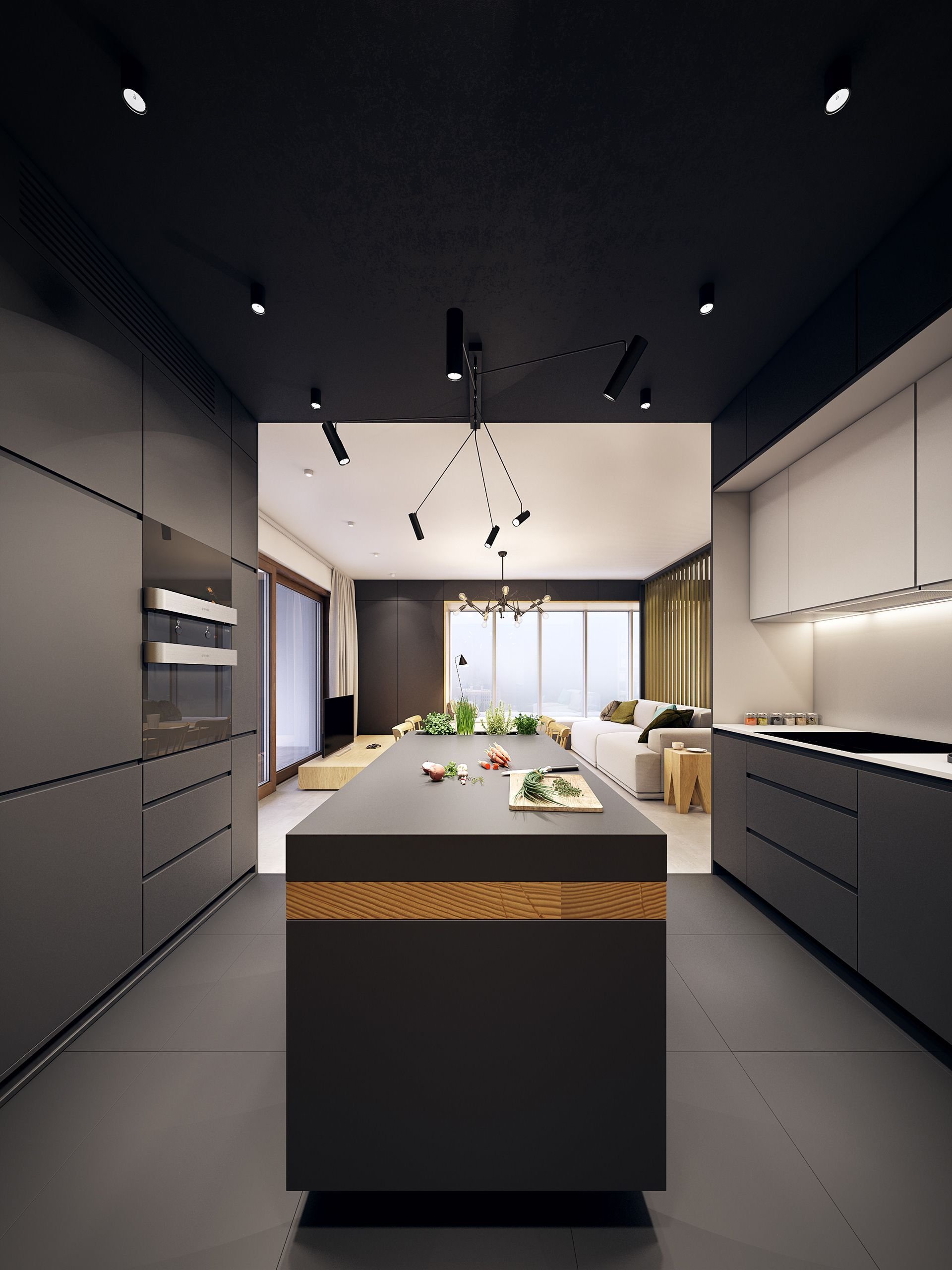 Натяжной потолок черный фото на кухне
