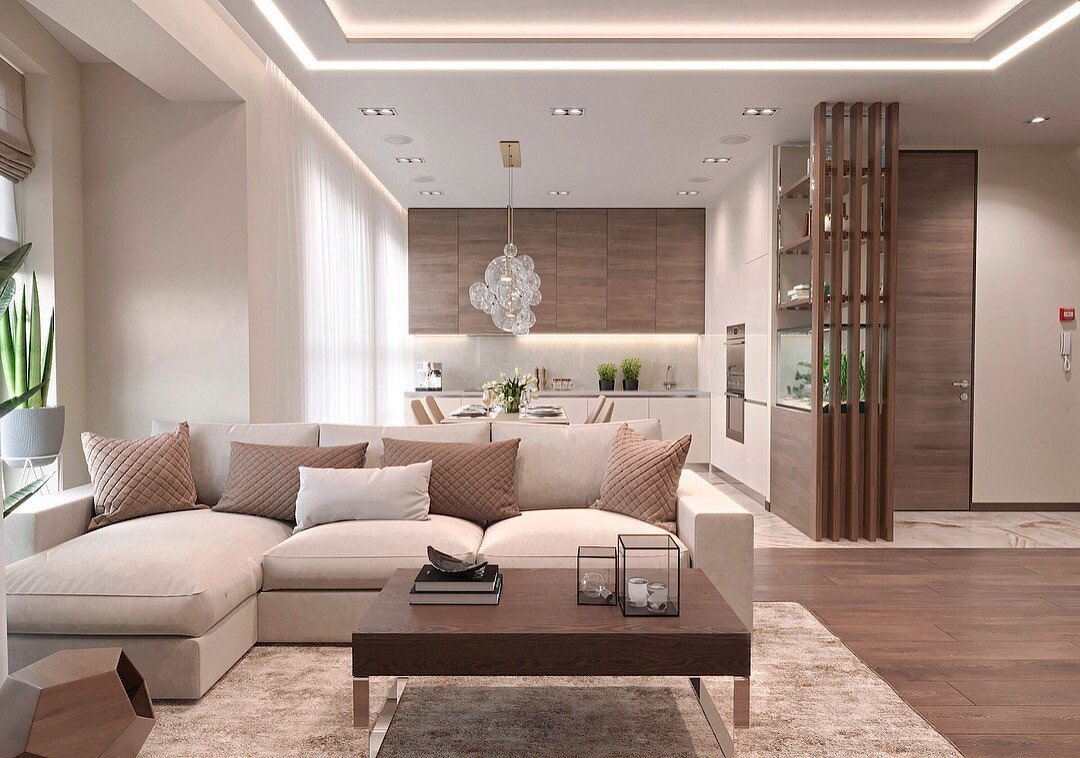 Дизайн гостиной в коричневых тонах в современном стиле