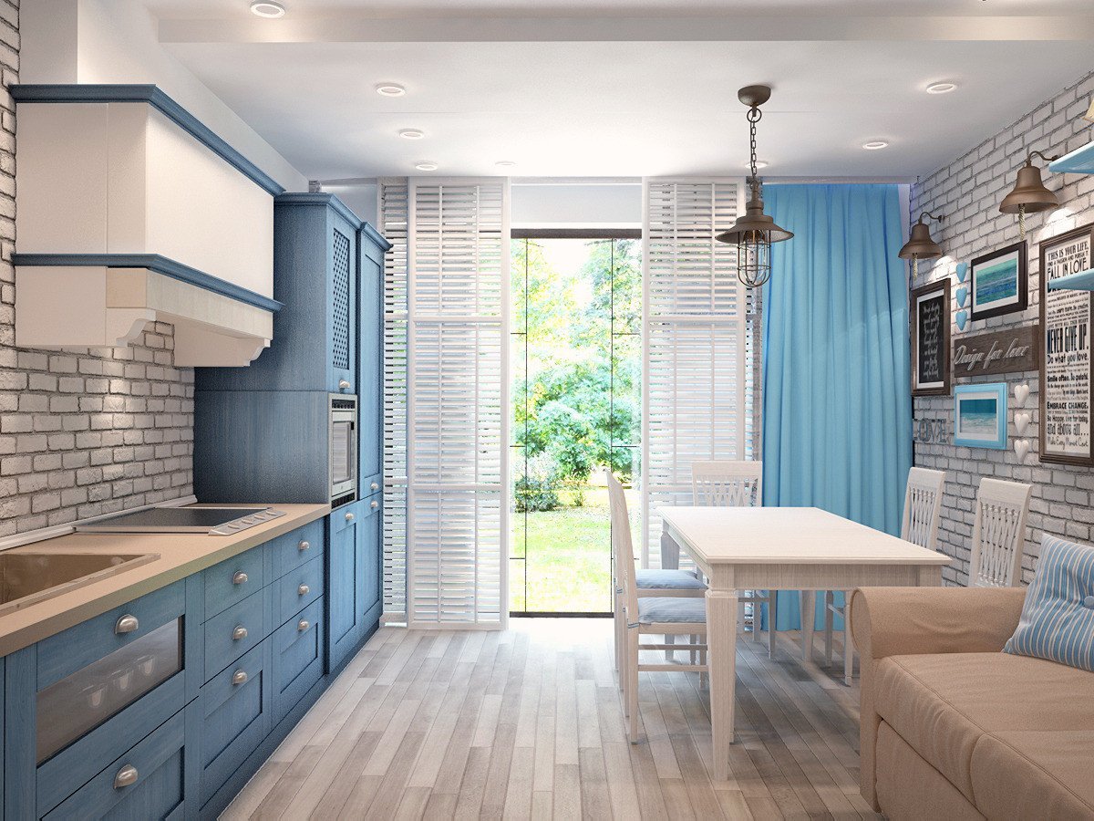 синяя кухня гостиная в интерьере