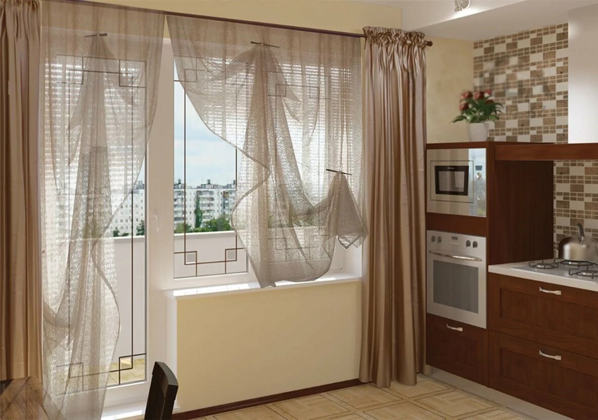 современный дизайн штор для гостиной с балконной дверью