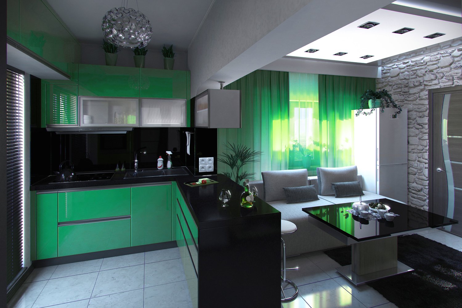 Кухня с зеленым потолком дизайн фото