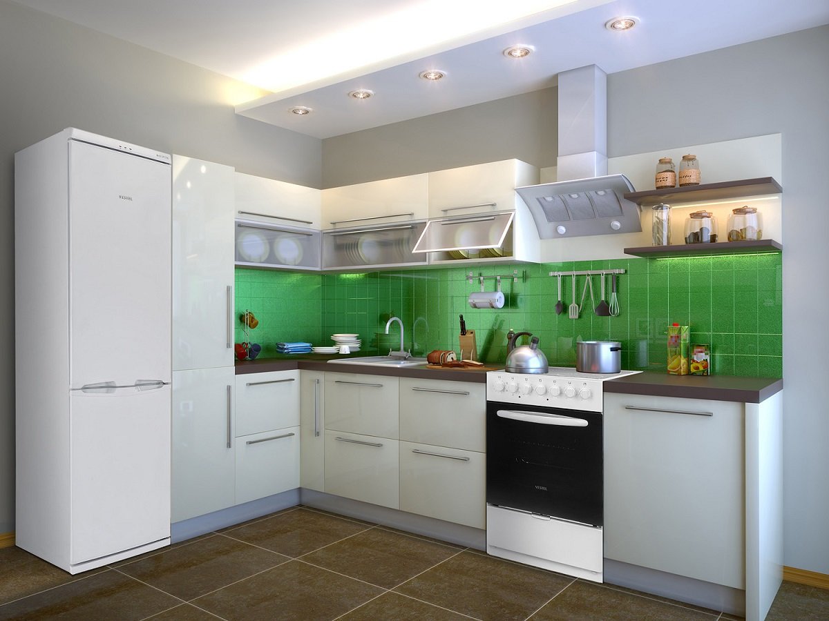 Кухонный гарнитур с белым холодильником