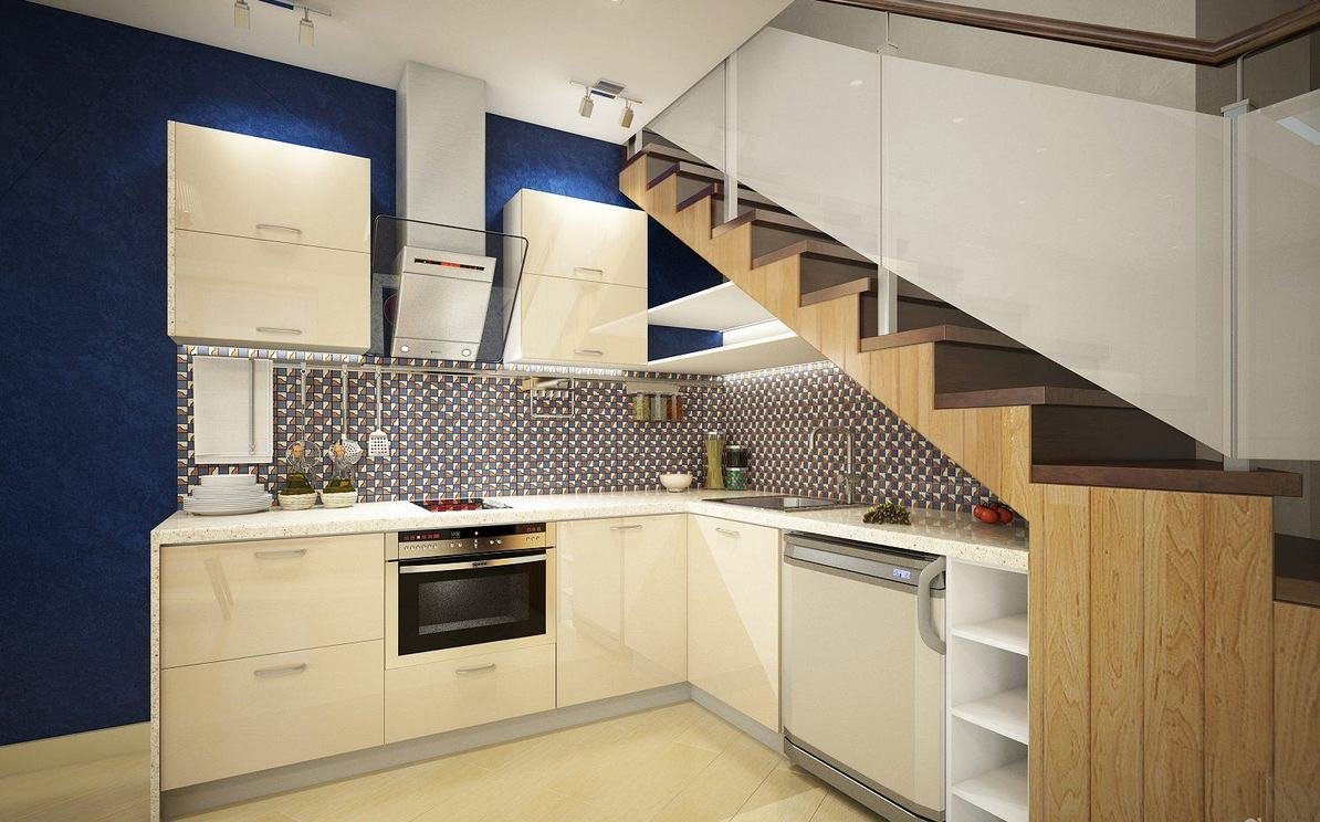 Второй этаж на кухне. Угловая кухня под лестницей. Кухонный гарнитур под лестницей. Кухня под лестницей на второй этаж. Двухуровневая кухня.