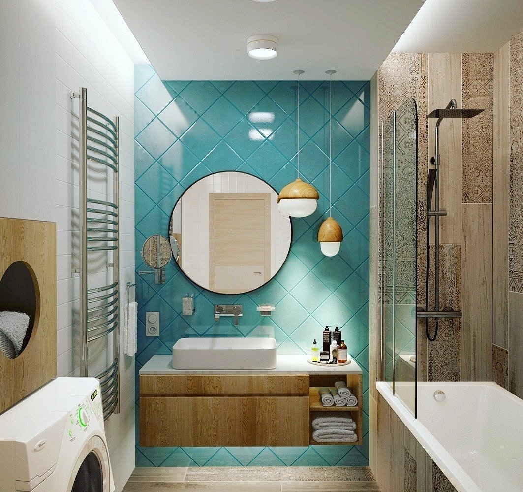 Дизайн маленькой ванной комнаты фото без туалета. Ванная в бирюзовом цвете. Ванная цвета морской волны. Интерьер малогабаритной ванной комнаты. Цветовые решения для ванной комнаты.