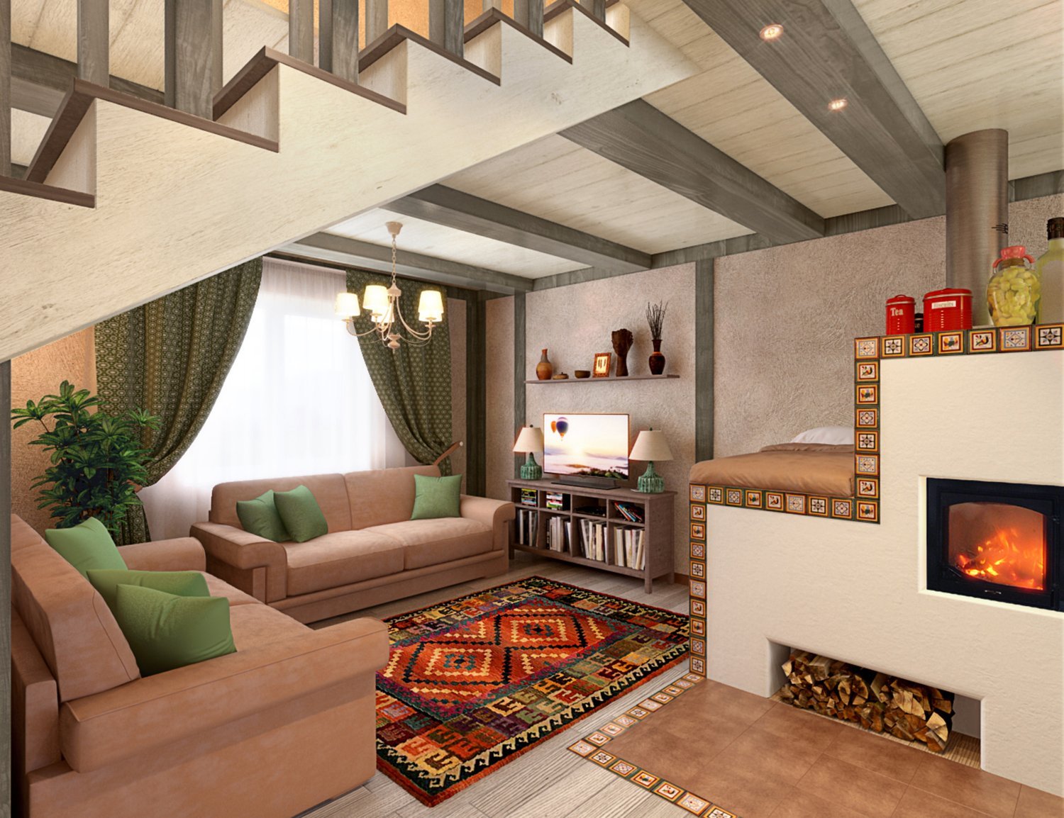 Идеи дизайна интерьера деревянного дома из бруса, фото с примерами