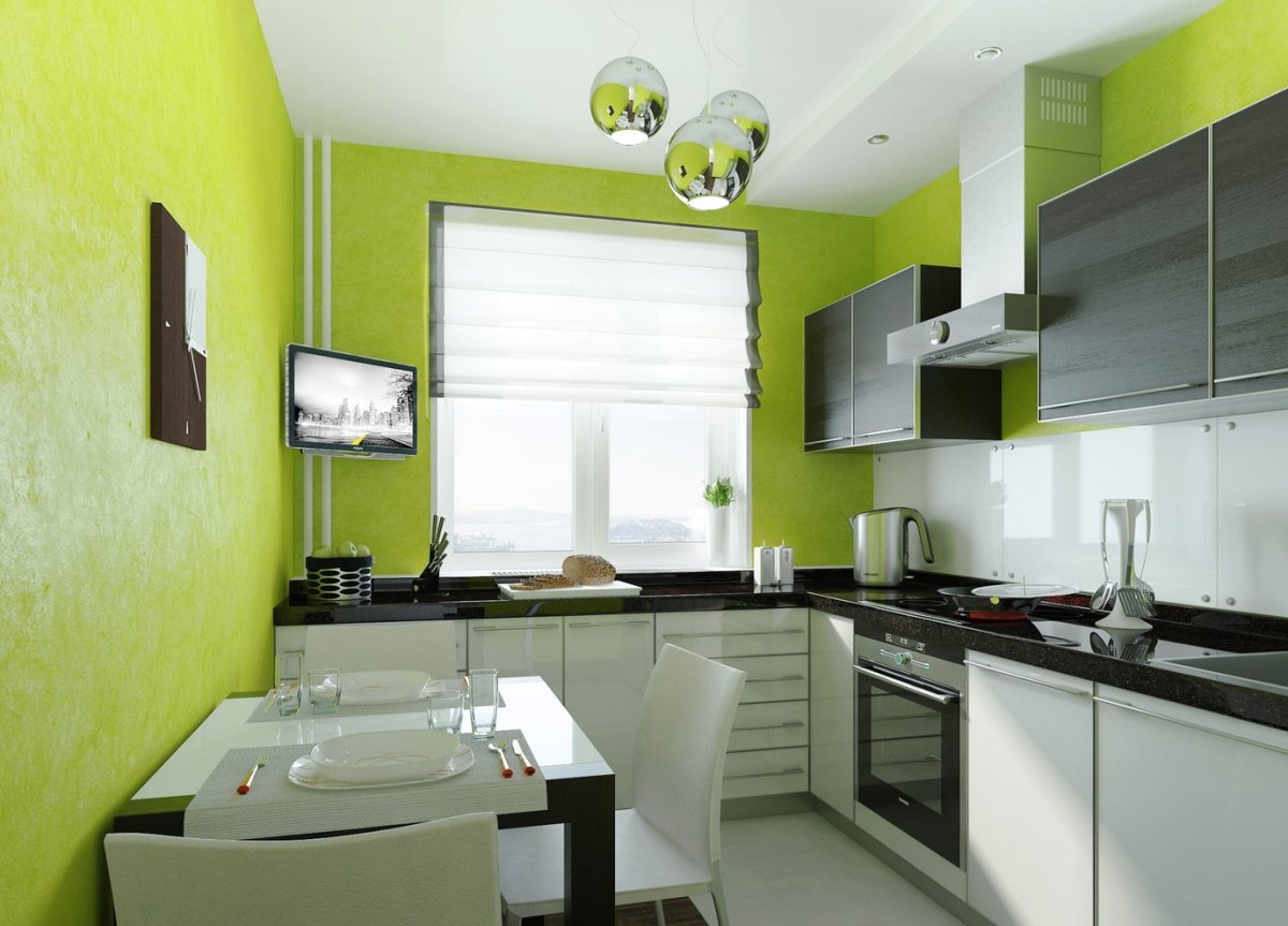 Зелёные обои в интерьере кухни (35 фото)