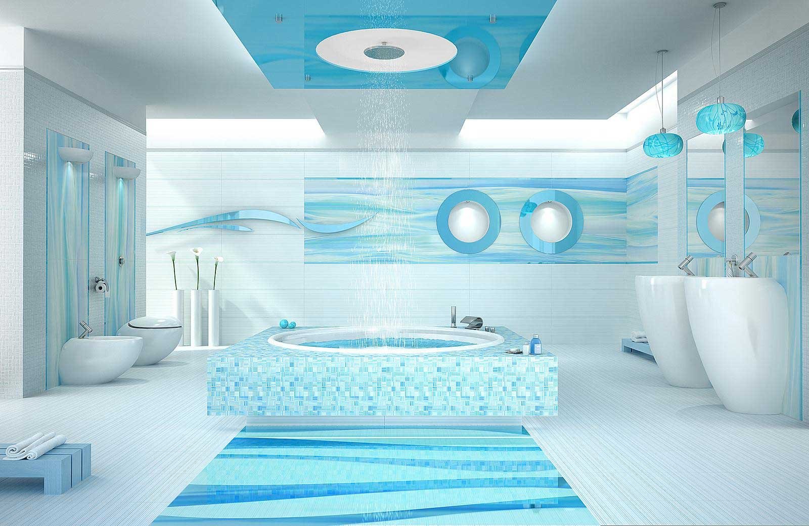 Красивый интерьер ванной комнаты голубой