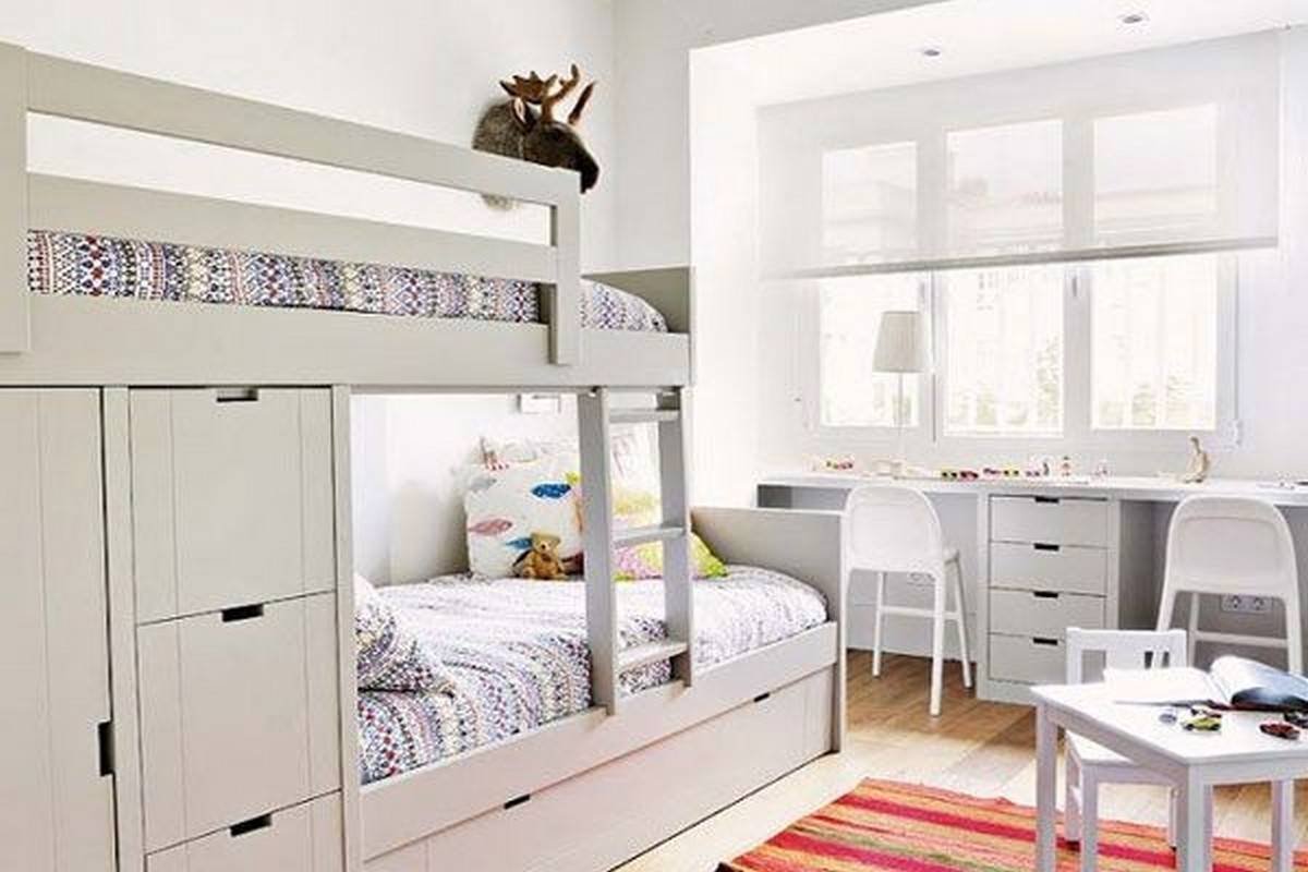 Дизайн детской комнаты для двух девочек с двухъярусной кроватью