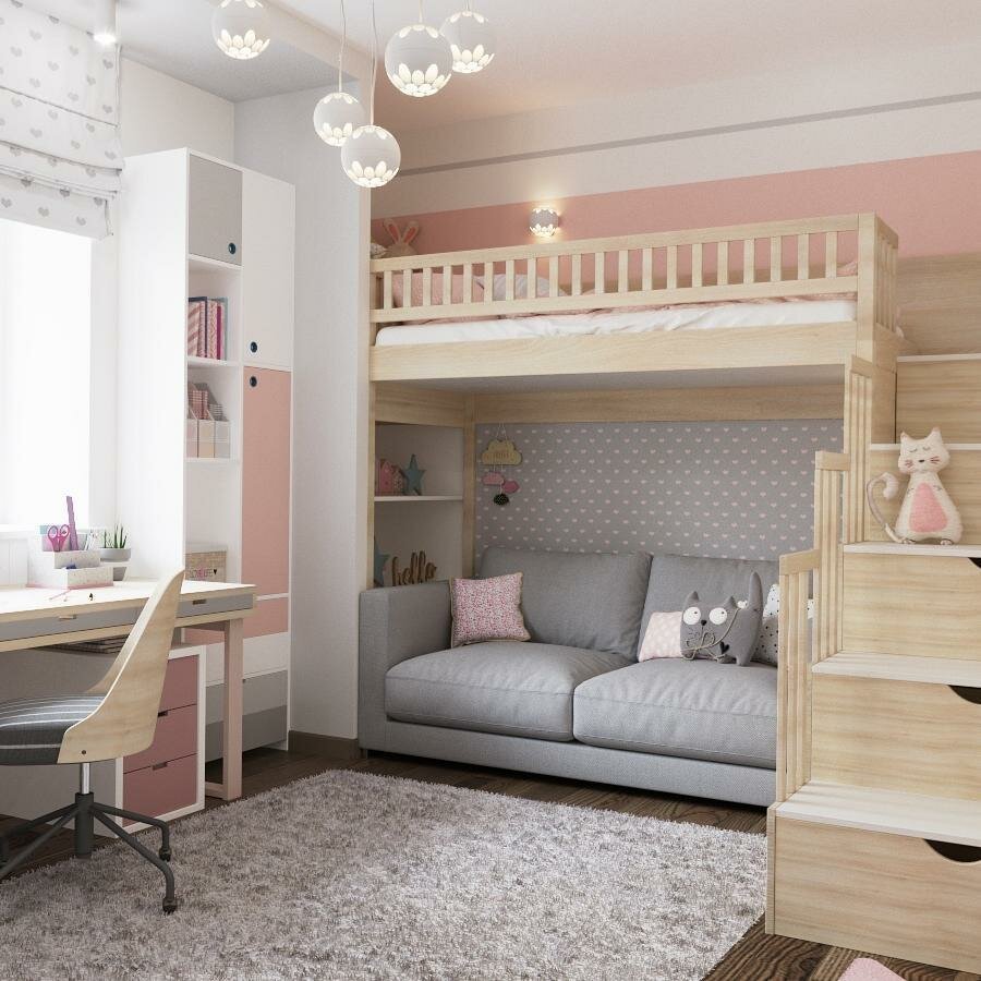 Дизайн детской комнаты для двух девочек с двухъярусной кроватью