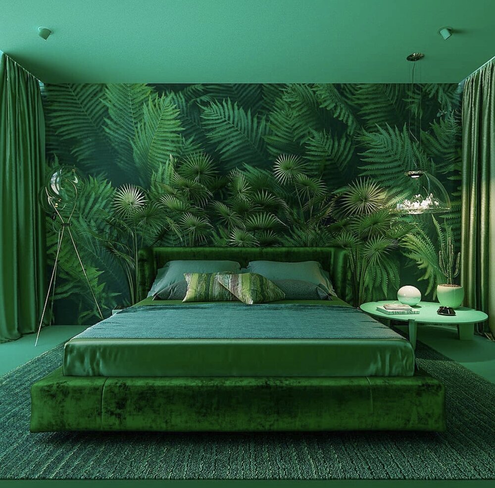 Фото дизайна интерьера зеленой спальни с темно-зелеными тонами