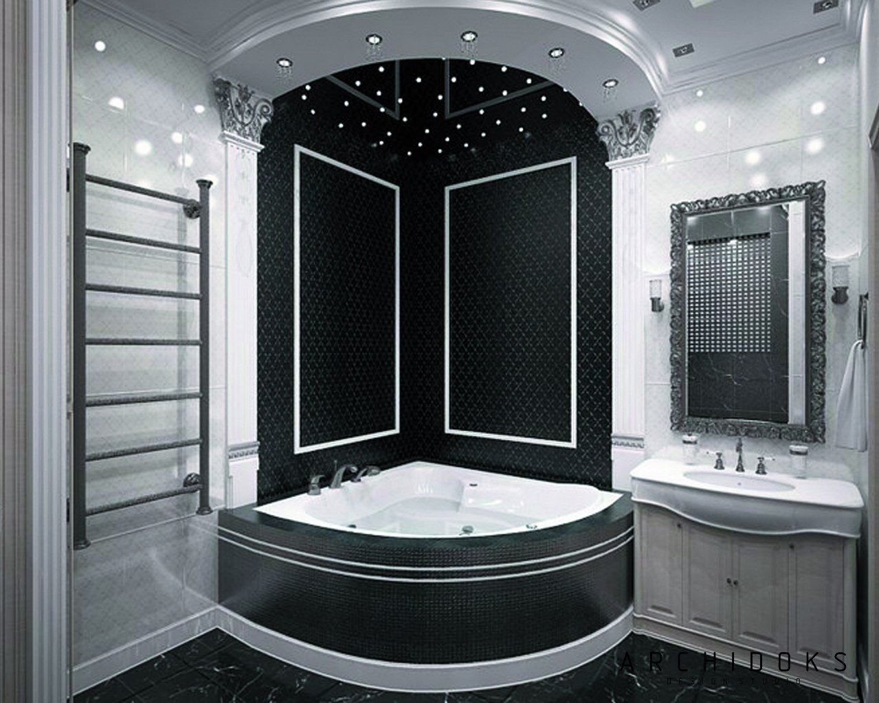 Ванная комната с угловой ванной черно белая