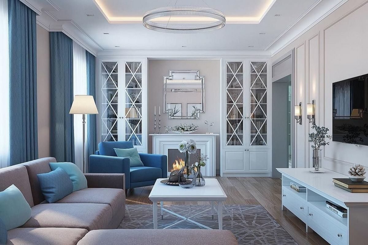 Современная гостиная с двумя окнами