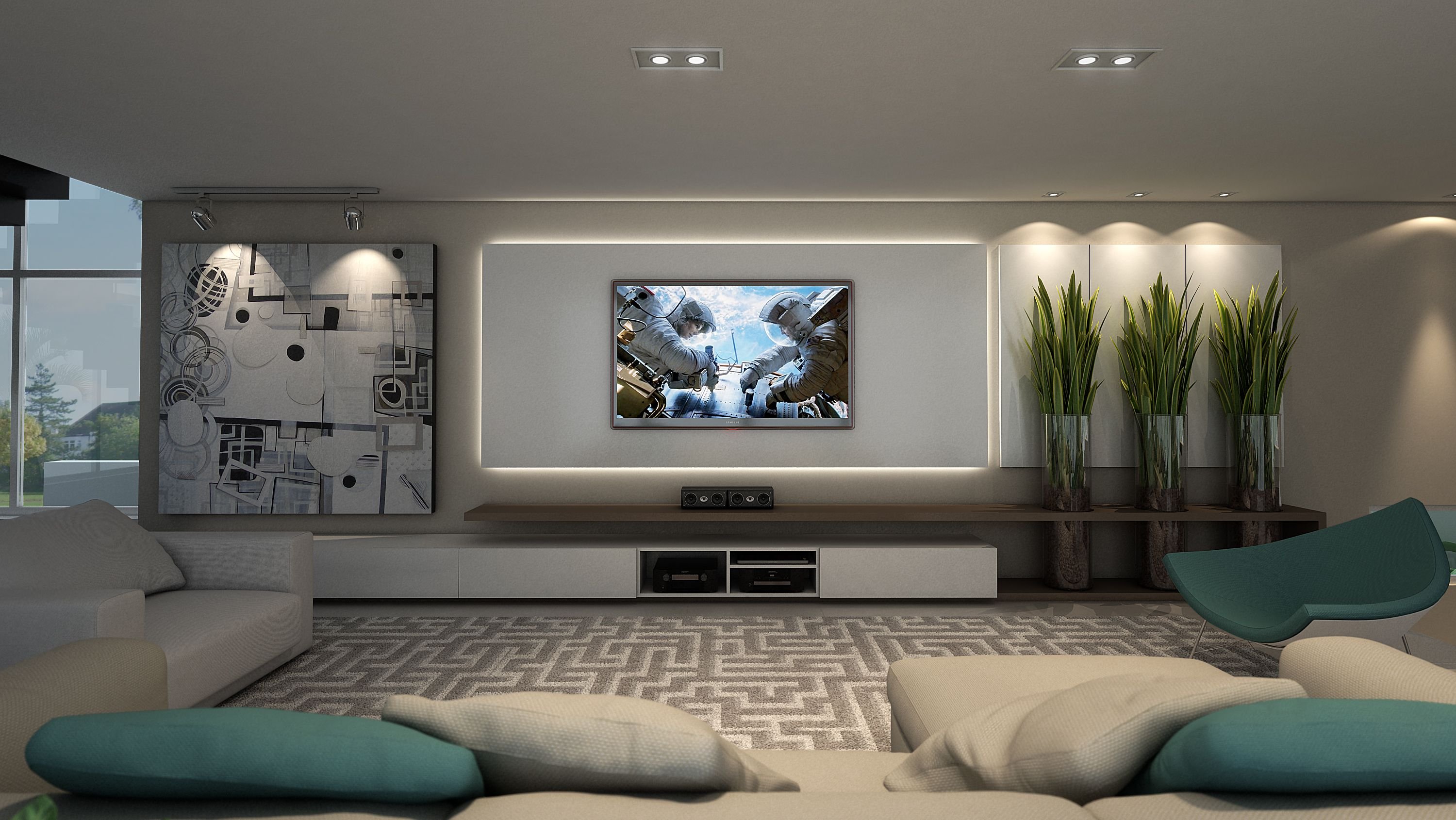 Большой телевизор в интерьере гостиной - 76 фото