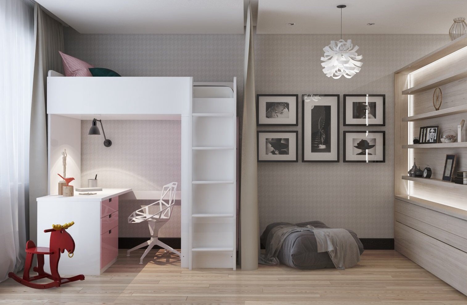Детский уголок с кроватью и столом и шкафом в однокомнатной квартире
