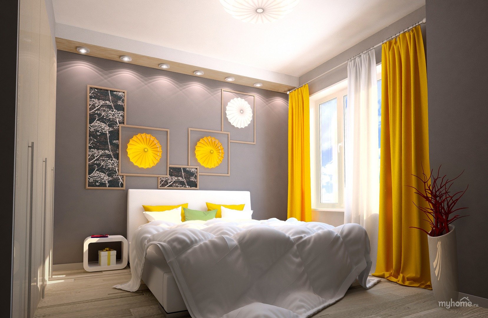 Яркость в комнате 3. Спальня в серо желтых тонах. Спальня с желтыми акцентами. Желтые шторы в интерьере спальни. Горчичный цвет в интерьере спальни.