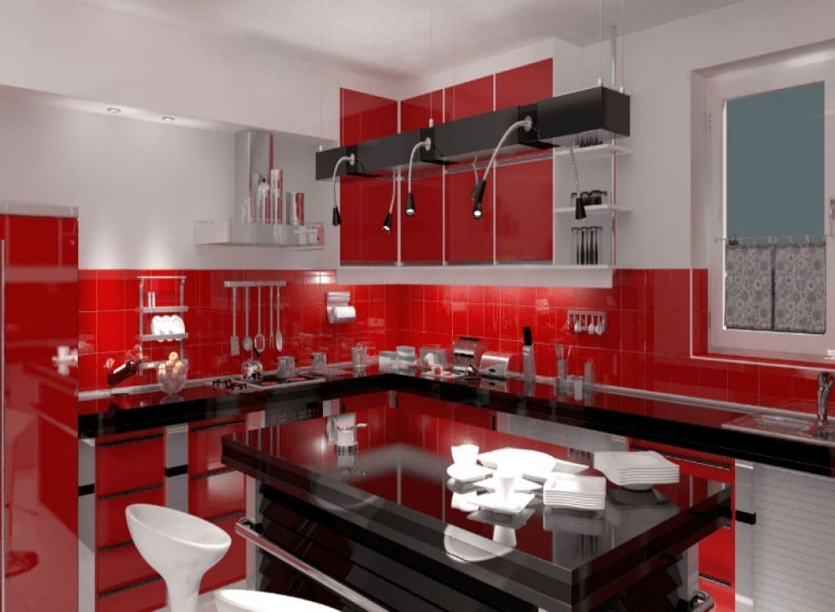 кухня красная с черным фартуком